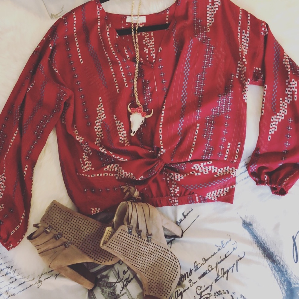 Red front knot blouse